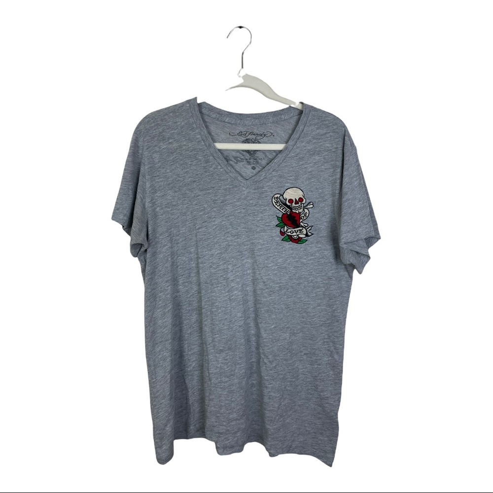 Ed Hardy Size Medium Grey Short Sleeve Death Of Love Emblem Embroidered T-Shirt